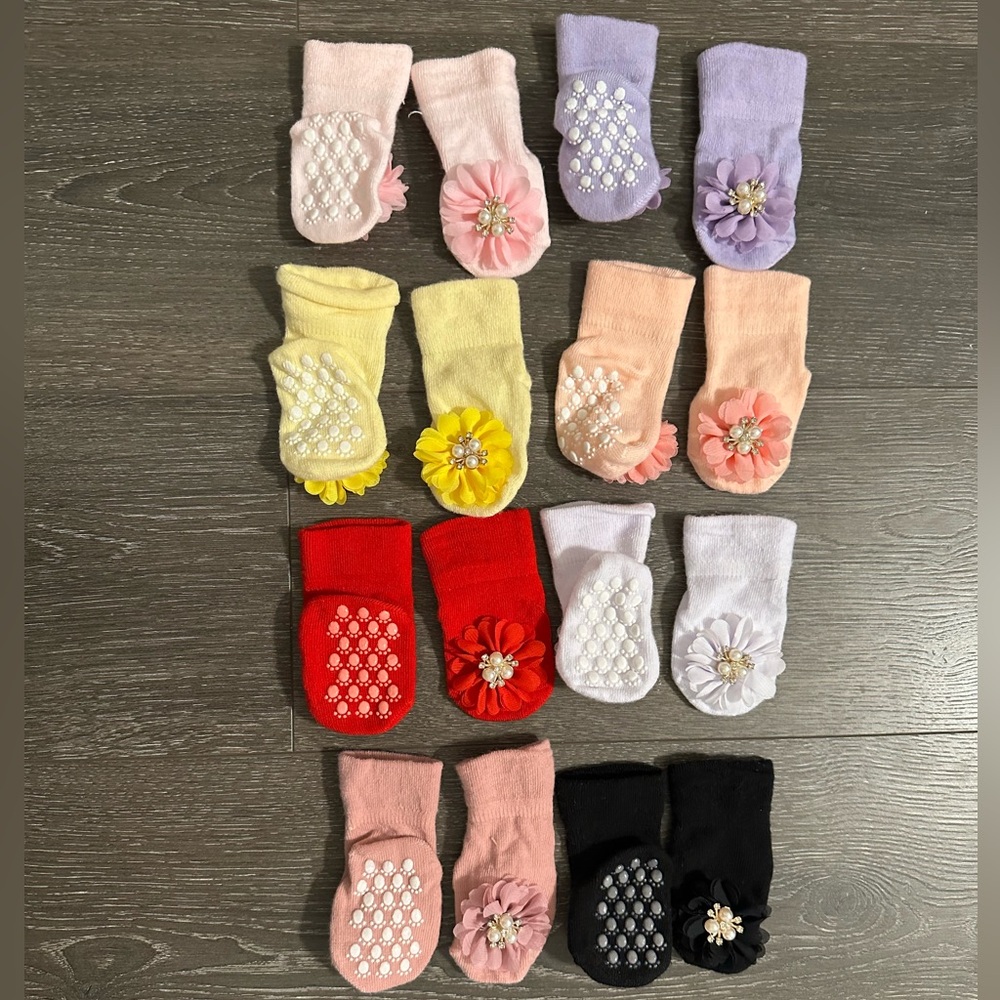 Colorful Baby Newborn Girl Non-Slip Socks Set with Decorative Flower